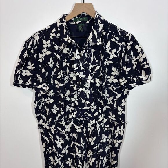 Lauren Ralph Lauren Silk Navy Floral Ruffle Short Sleeve Midi Dress Size 16 - Picture 2 of 12